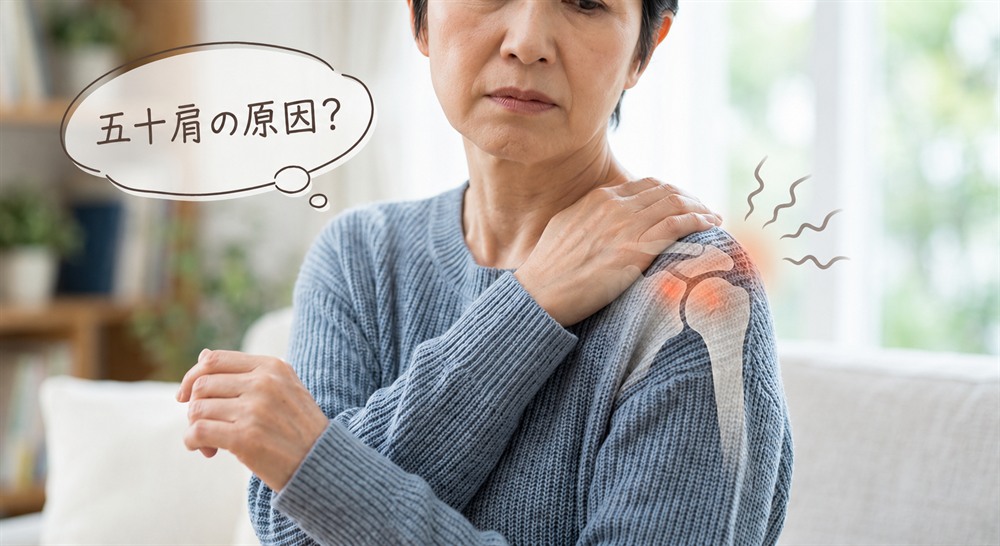 肩を押さえて「五十肩の原因？」と考える中高年女性。肩関節の炎症をイラストで重ねて表現