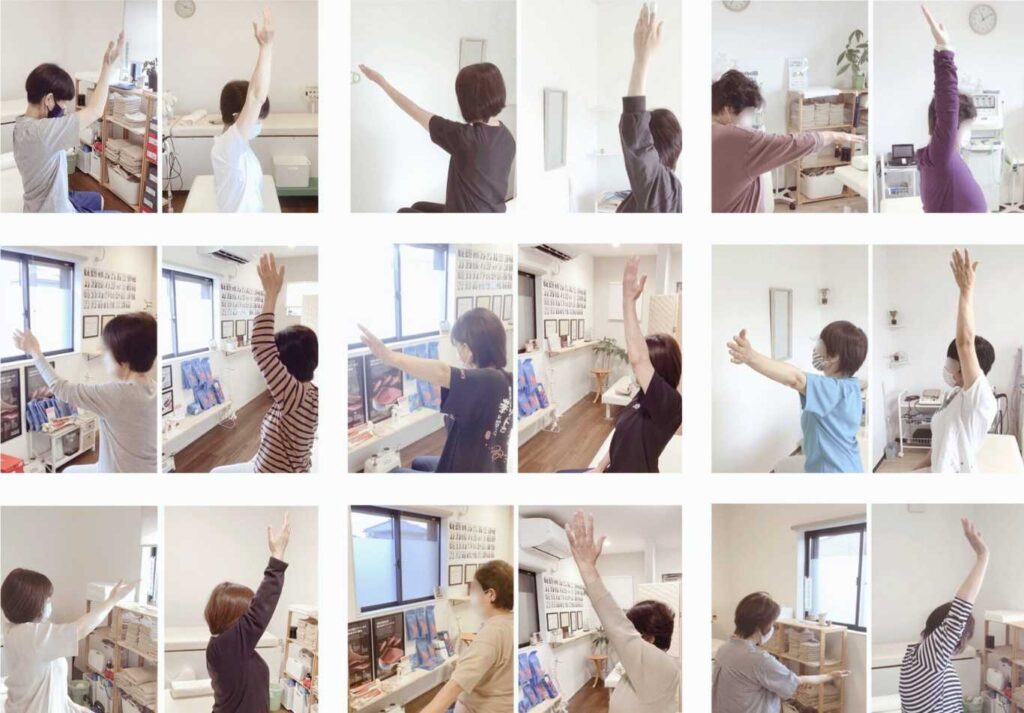 はる整体院での肩関節可動域改善のビフォーアフター写真。9名の患者様が、初回時（左）の腕が上がらない状態から、卒業時（右）は腕が耳の横までまっすぐ上がるようになっている様子。