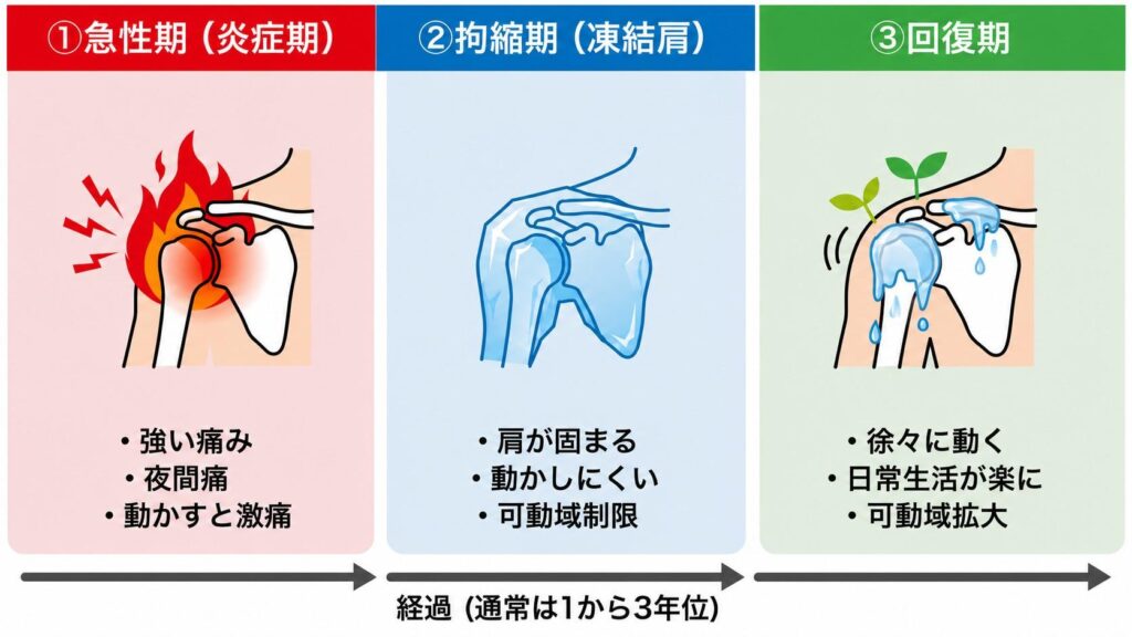 五十肩の症状の経過を示すイラスト。通常1から3年ほどで3つの段階をたどります。①急性期（炎症期）は強い痛みや夜間痛があり、動かすと激痛が走ります。②拘縮期（凍結肩）は肩が固まり、動かしにくく可動域が制限されます。③回復期は氷が溶けるように徐々に動くようになり、可動域が拡大して日常生活が楽になります。
