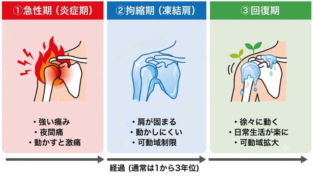 五十肩の症状の経過を示すイラスト。通常1から3年ほどで3つの段階をたどります。①急性期（炎症期）は強い痛みや夜間痛があり、動かすと激痛が走ります。②拘縮期（凍結肩）は肩が固まり、動かしにくく可動域が制限されます。③回復期は氷が溶けるように徐々に動くようになり、可動域が拡大して日常生活が楽になります。