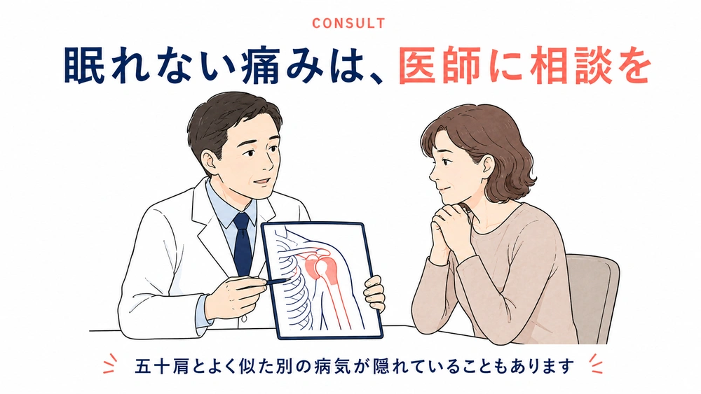 医師が肩関節の図を見せながら女性に説明し、眠れないほどの肩の痛みは相談するよう促す図解
