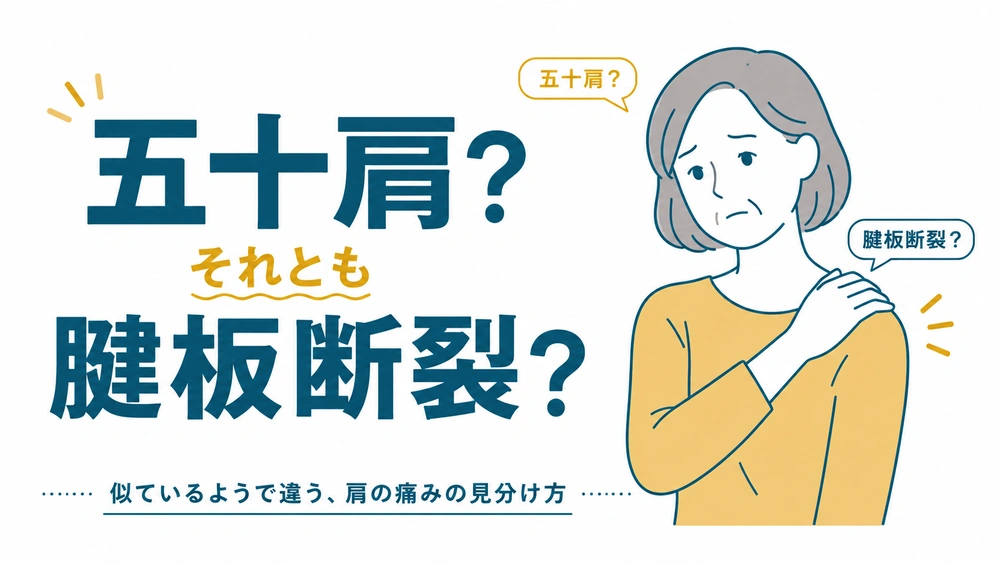 肩を押さえる女性と「五十肩？それとも腱板断裂？」と記載された、肩の痛みの見分け方を紹介する図解