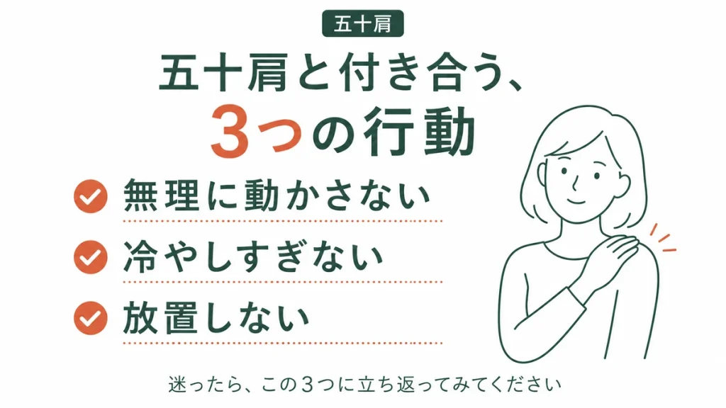 五十肩と付き合うための3つの行動として、無理に動かさない・冷やしすぎない・放置しないことを示す図解