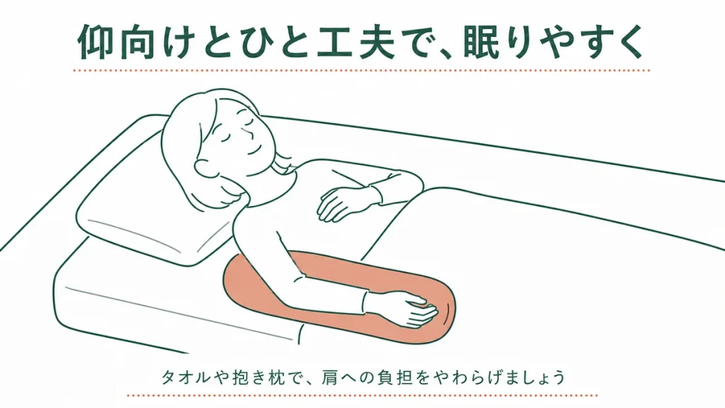五十肩で眠りやすい仰向けの工夫 | 仰向けで腕の下にタオルや抱き枕を置き、肩への負担をやわらげる寝方の図解