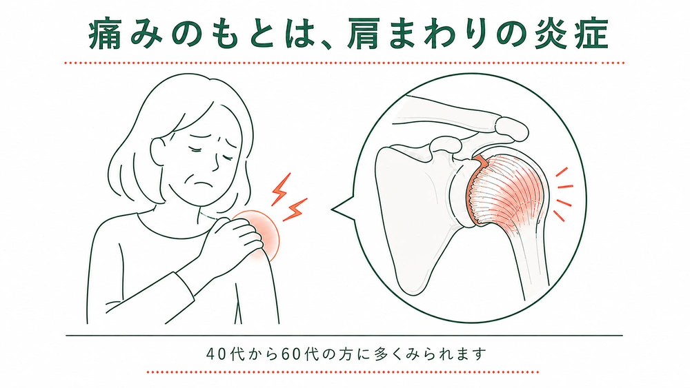 五十肩の痛みのもととなる肩まわりの炎症を、肩関節の図とともに示す図解