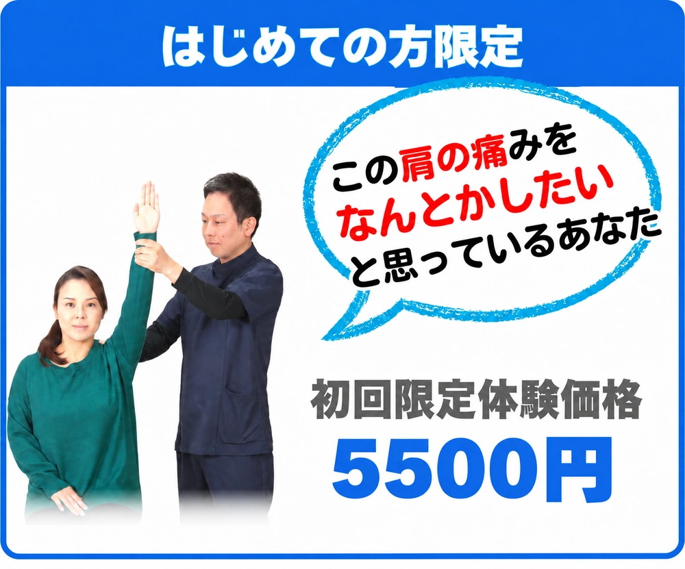 「この肩の痛みを何とかしたいと思っているあなた」と記載されている、初回限定価格5500円のバナー画像